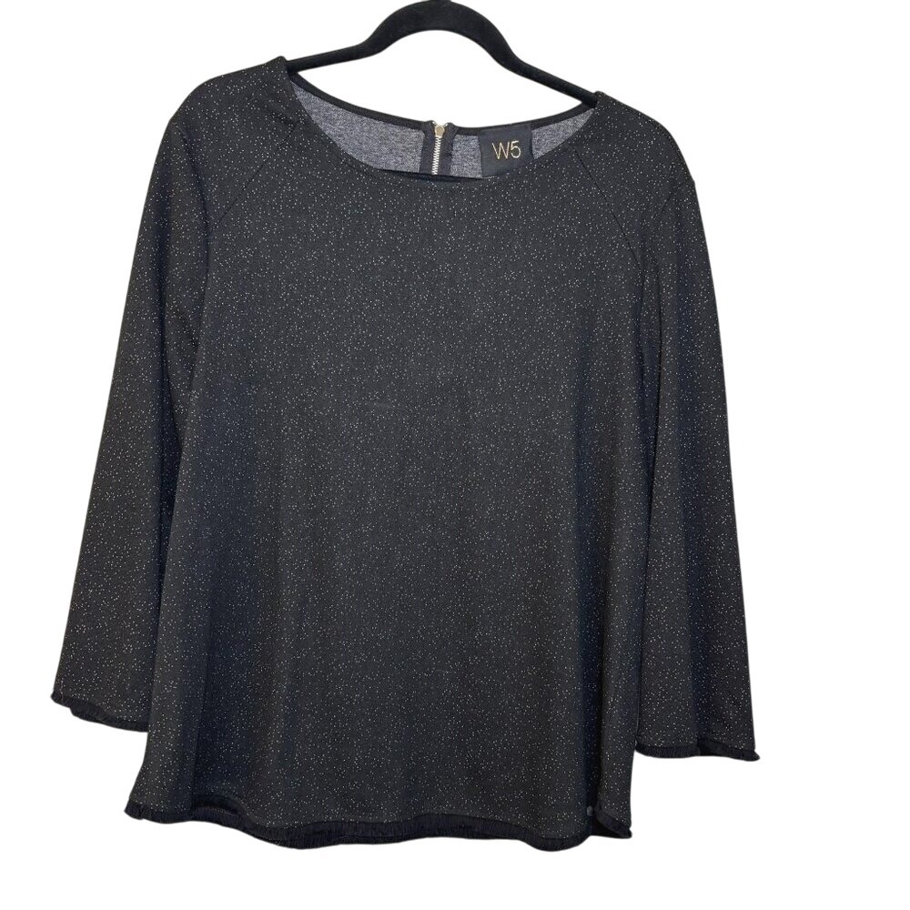 W5 Black Top with White Flecks, Fringe Hem and Arms, Size Large